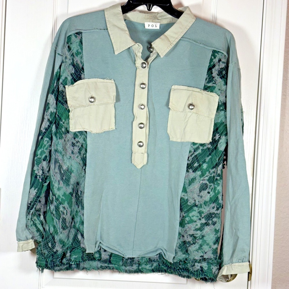 POL Women's Shacket XL NWOT Sage Green Black Patchwork Button Down Cotton Collar - Picture 2 of 8